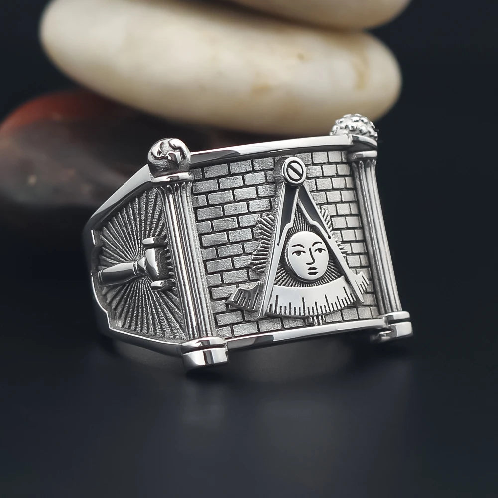 Past Master Blue Lodge Ring - Quadrant & Compass Sun with Twin Pillars Sterling Silver