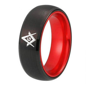 Master Mason Blue Lodge Ring - Black Tungsten With Red Aluminum Inlay Personalizable