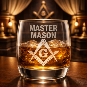 Master Mason Blue Lodge Whiskey Glass - Square & Compasses G - Bricks Masons