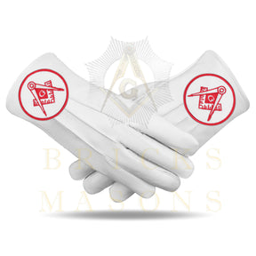 Master Mason Blue Lodge Gloves - White Leather Circular Red Square & Compass G Patch - Bricks Masons