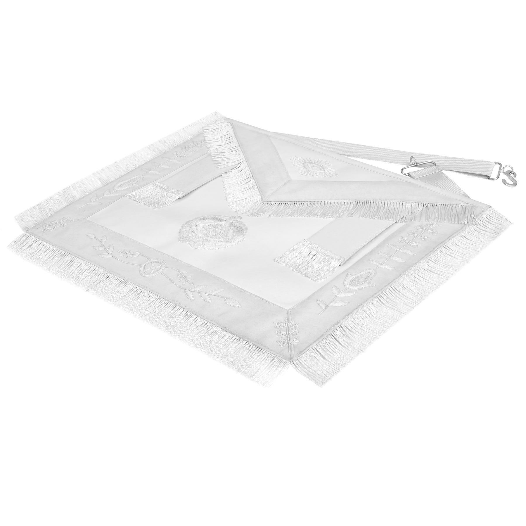 Past Grand Master Blue Lodge Apron - White Bullion Embroidery With Fringe - Bricks Masons