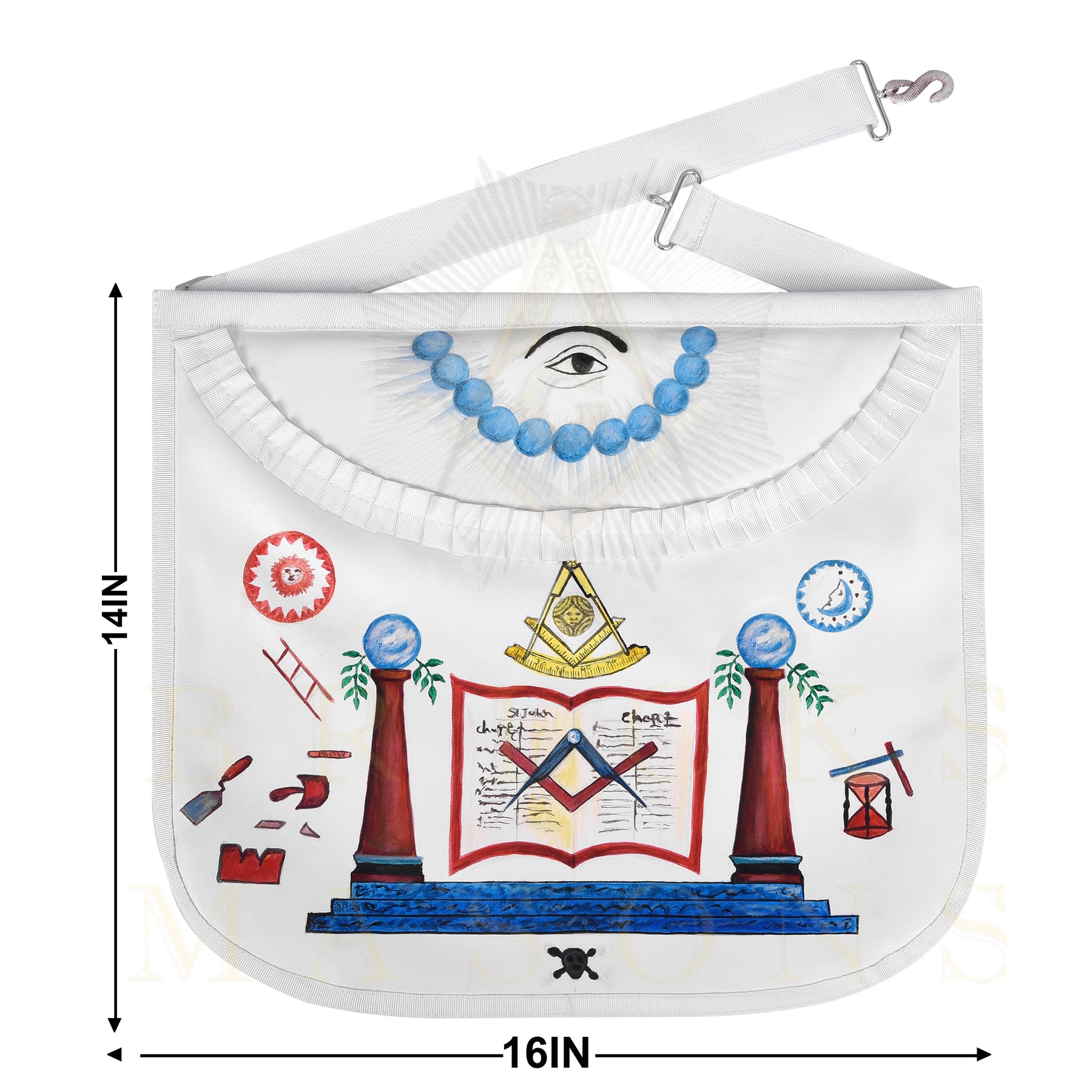 Hand-Painted Apron - Lambskin The Two Pillars of Jachin & Boaz - Bricks Masons
