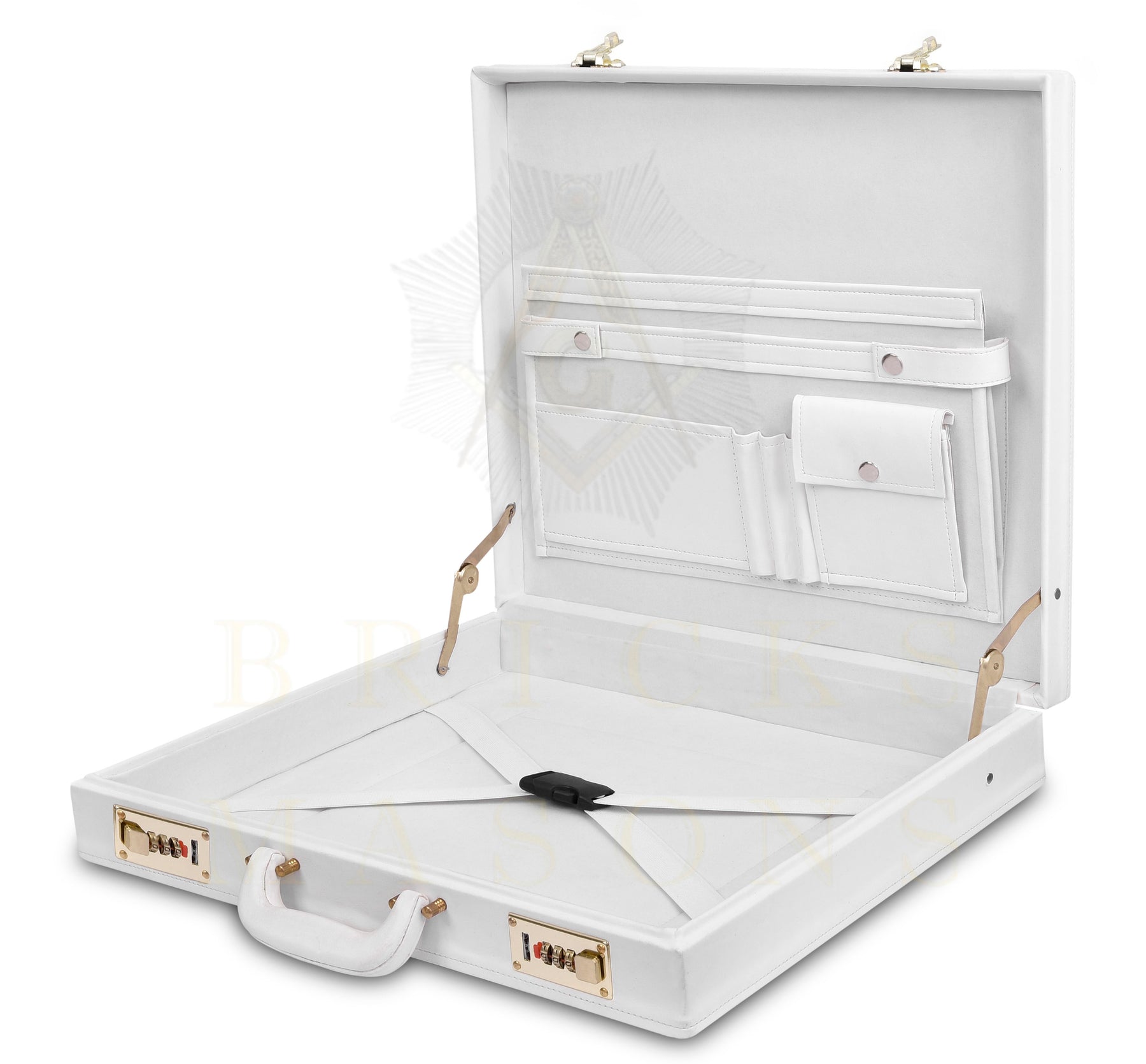 Universal Apron Case - White Imitation Leather & Gold Double Lock - Bricks Masons