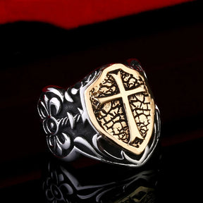 Knights Templar Commandery Ring - Cross Shield Titanium Steel 316L - Bricks Masons