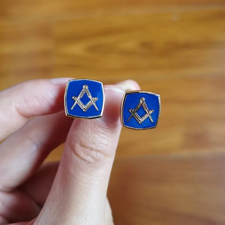 Master Mason Blue Lodge Cufflink - 1 Pair Blue Enamel Square & Compass - Bricks Masons