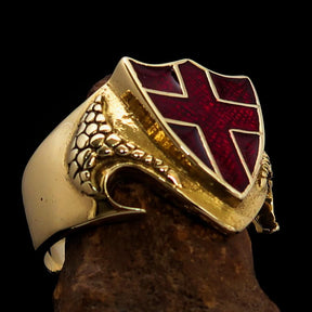 Knights Templar Commandery Ring - Brass Knight & Shield With Red Cross