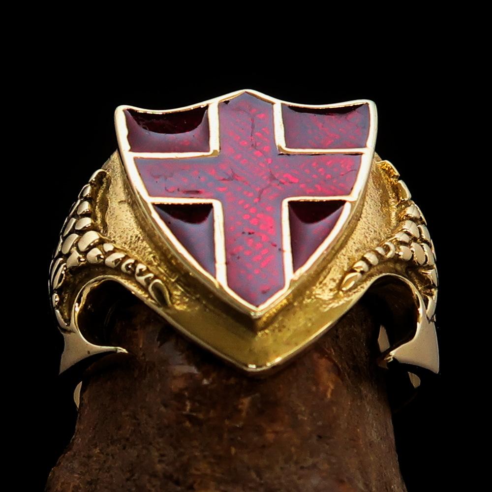 Knights Templar Commandery Ring - Brass Knight & Shield With Red Cross