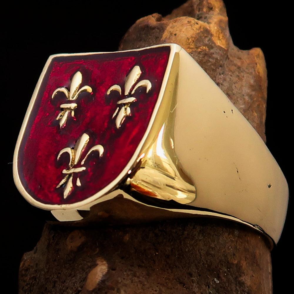 Knights Templar Commandery Ring - Red Knight Fleur De Lis Cross Brass