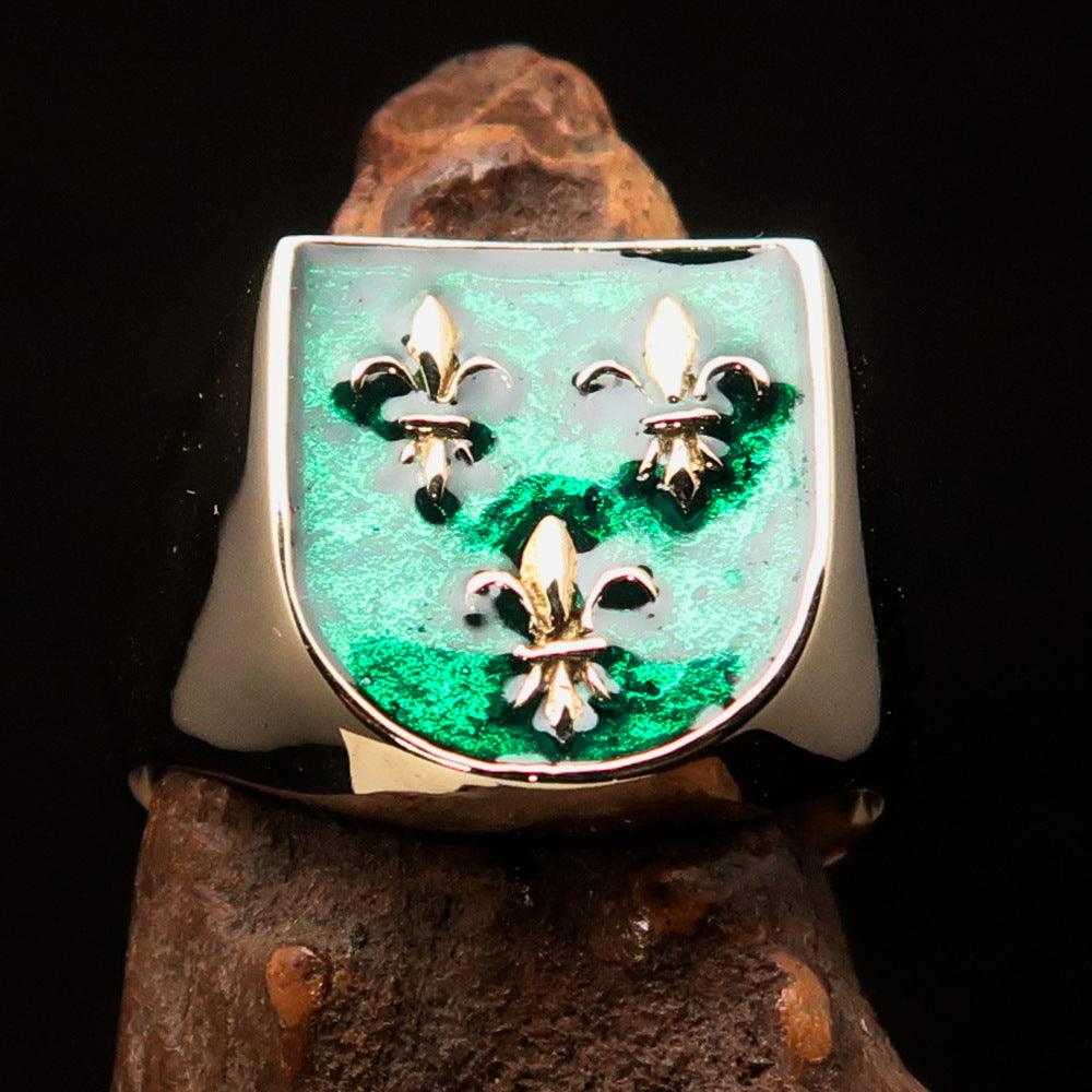 Knights Templar Commandery Ring - Green Knight Fleur De Lis Cross