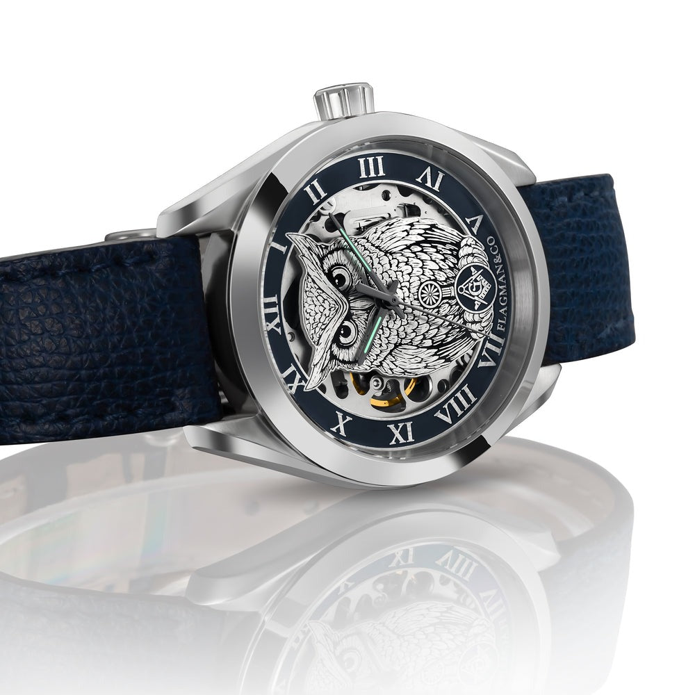 Master Mason Blue Lodge Wristwatch - Blue Bezel Owl with Square & Compasses G