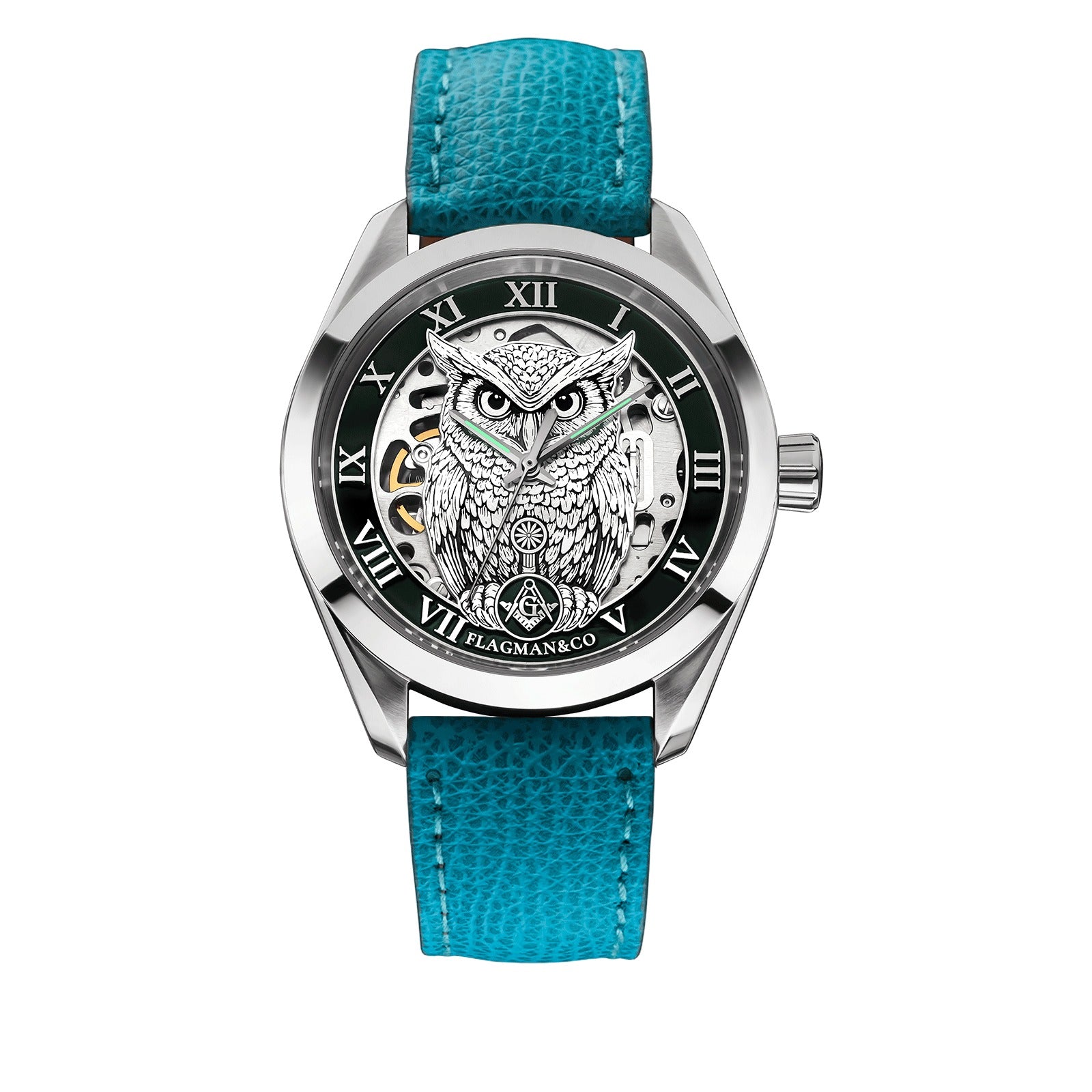 Master Mason Blue Lodge Wristwatch - Green Bezel Square & Compass G with Owl