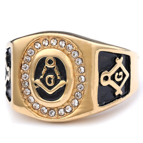 Master Mason Blue Lodge Ring - Golden Stainless Steel Square & Compass G - Bricks Masons