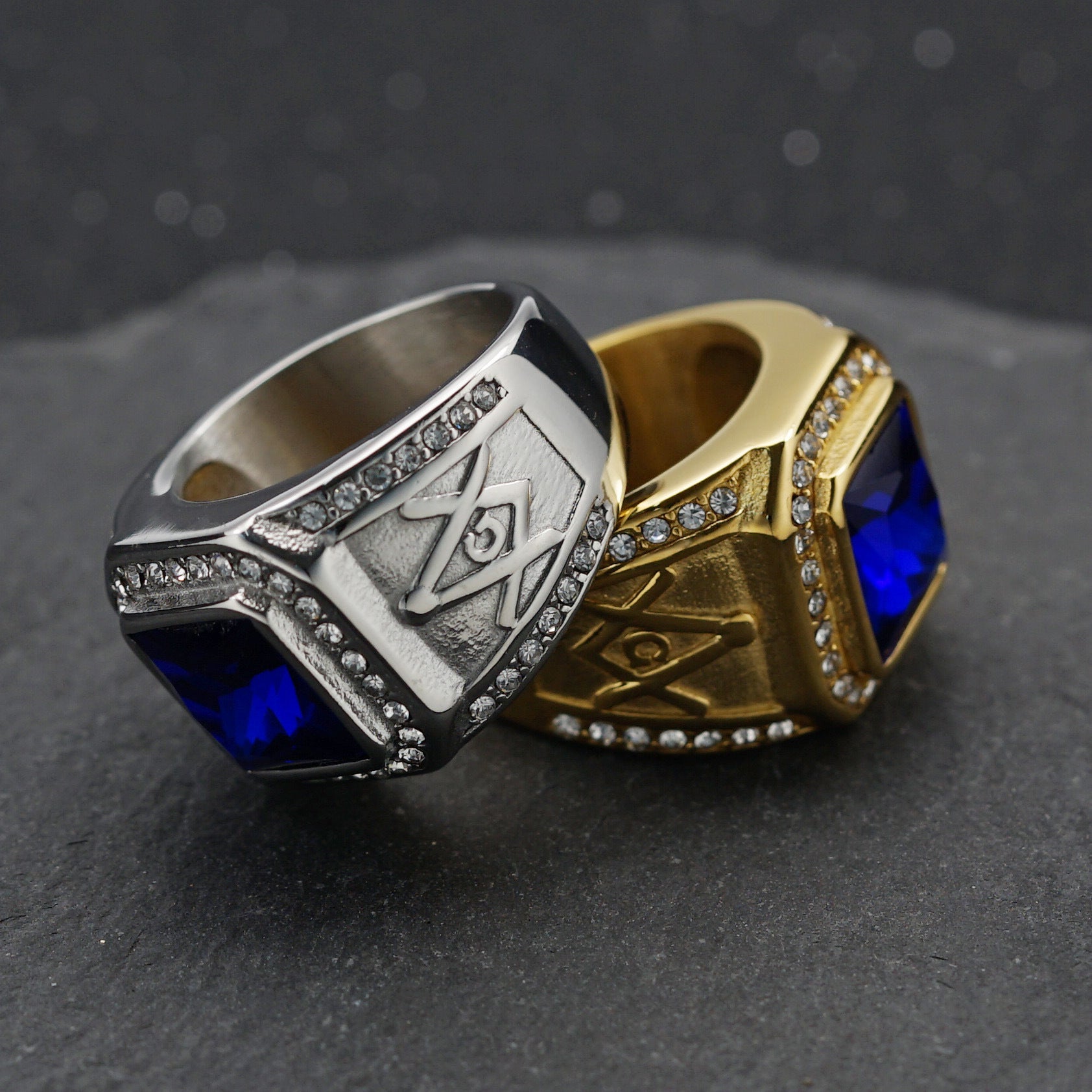 Master Mason Blue Lodge Ring - Silver Stainless Steel With Blue Gemstone - Bricks Masons