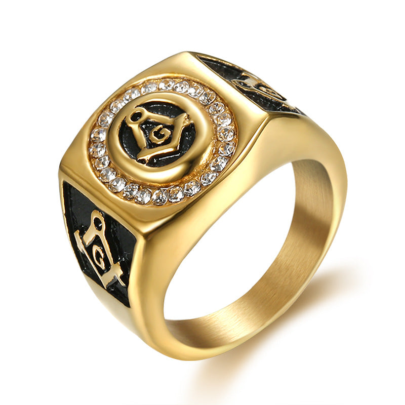 Master Mason Blue Lodge Ring - Golden Stainless Steel Square & Compass G - Bricks Masons