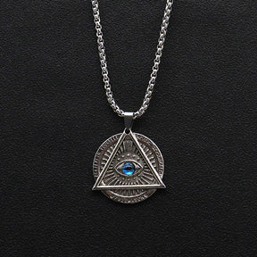 Eye Of Providence Necklace - Silver Rope Chain With Blue Eye Pendant - Bricks Masons