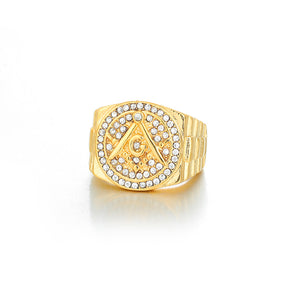 Master Mason Blue Lodge Ring - Gold Rhinestones Square & Compass G Ring - Bricks Masons