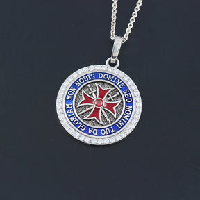 Knights Templar Pendant - Convexity Round Red Cross Frame Sword Sterling Silver - Bricks Masons