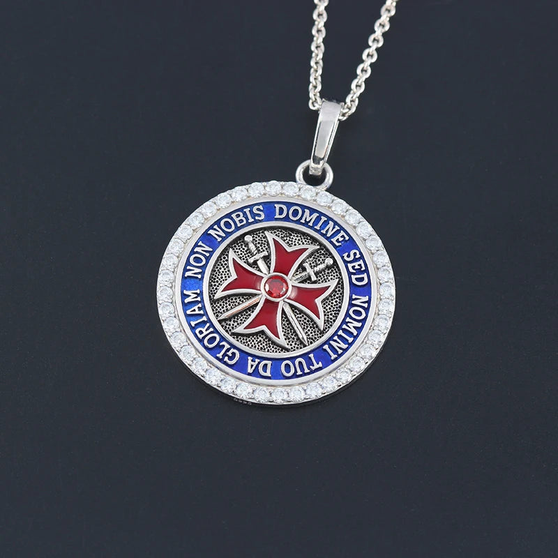 Knights Templar Pendant - Convexity Round Red Cross Frame Sword Sterling Silver - Bricks Masons