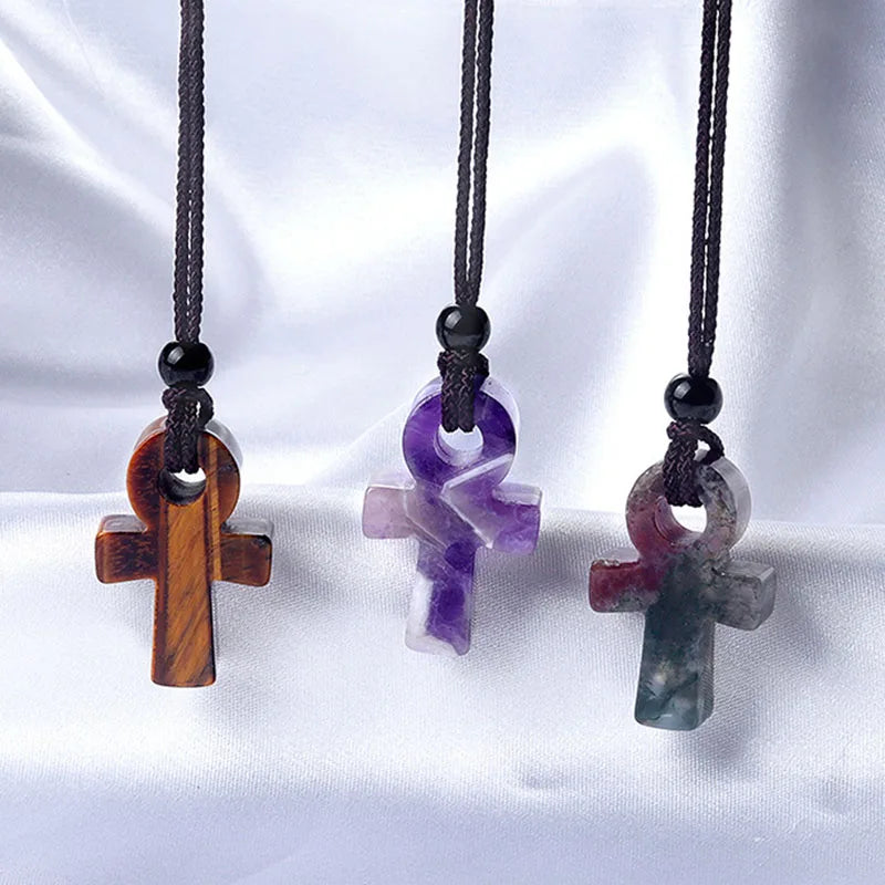 Ancient Egypt Necklace - Ankh Cross  Engraved Natural Agate Stone Amulet Pendant Necklace Adjustable Wave - Bricks Masons