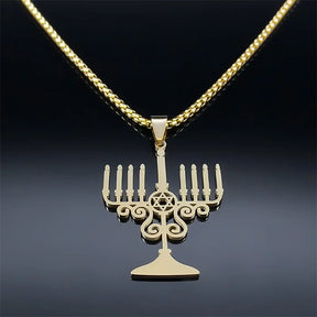 Ancient Israel Necklace - Judaica Israel Lamp Hanukkah Menorah Stainless Steel - Bricks Masons