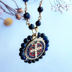 Knights Templar Commandery Necklace - Saint Benedict Natural Lapis Beads - Bricks Masons