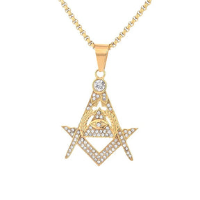 Master Mason Blue Lodge Necklace - Bling Iced Out Gold Color Stainless Steel - Bricks Masons