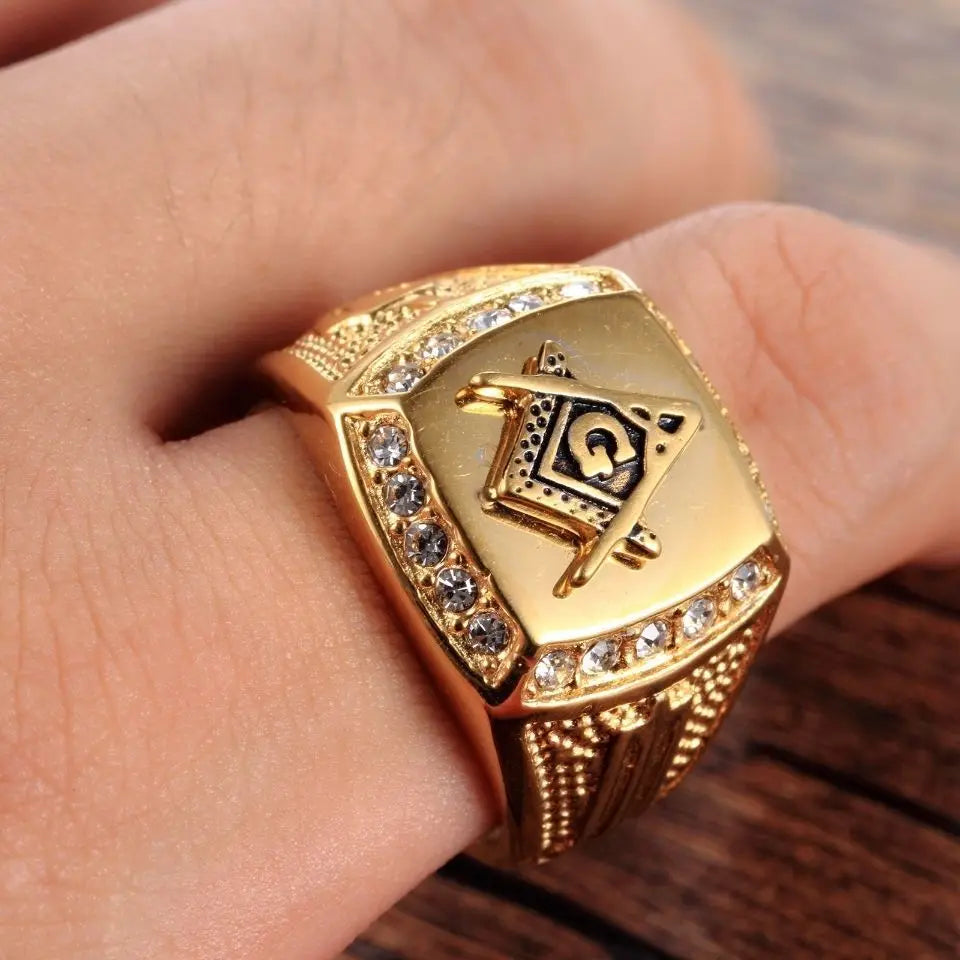 Master Mason Blue Lodge Ring - 316L Stainless Steel Gold Square & Compass - Bricks Masons