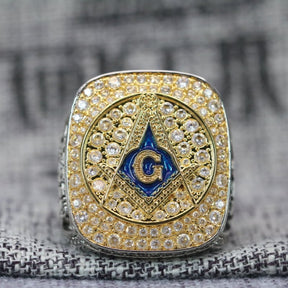 Master Mason Blue Lodge Ring - 18k Yellow Gold Face With Rhinestone - Bricks Masons
