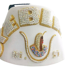 DOI Fez Hat - Pure White Hand Embroidered with Gold Bullion Underlay - Bricks Masons