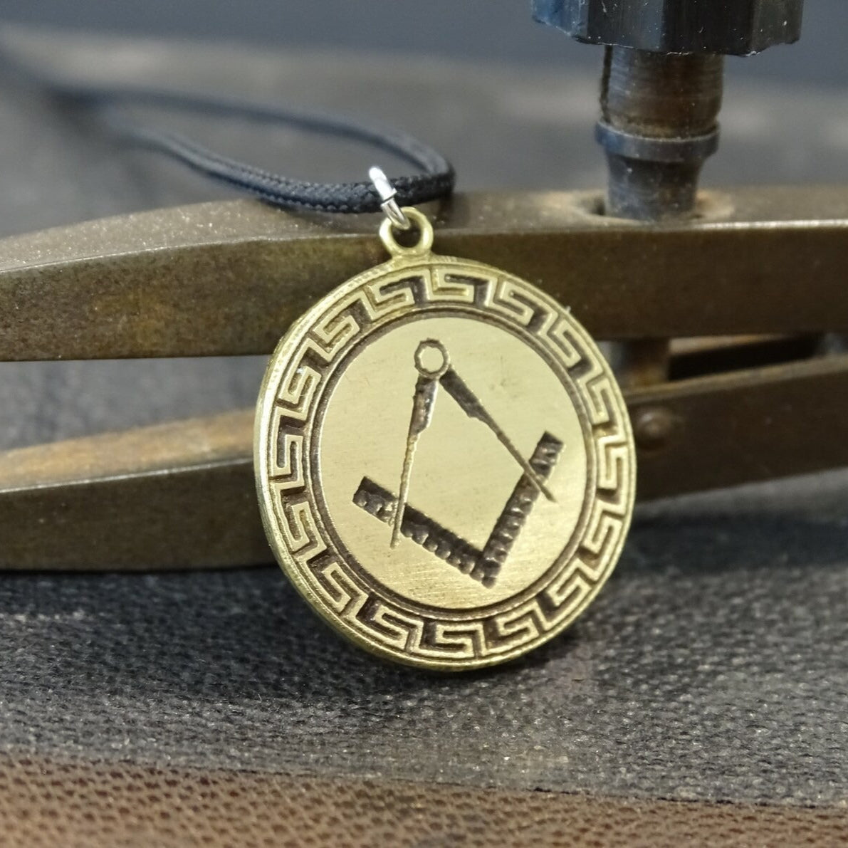 Master Mason Blue Lodge Necklace - Brass Circular Pendant - Bricks Masons