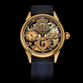 Master Mason Blue Lodge Wristwatch - Gold Skeleton Dial - Bricks Masons