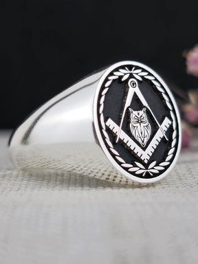 Master Mason Blue Lodge Ring - Silver & Black Owl With S & C - Bricks Masons