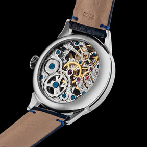 Master Mason Blue Lodge Wristwatch -  Silver Skeleton With Blue Leather Strap - Bricks Masons