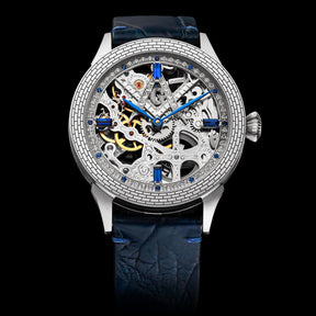 Master Mason Blue Lodge Wristwatch -  Silver Skeleton With Blue Leather Strap - Bricks Masons