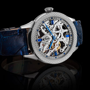 Master Mason Blue Lodge Wristwatch -  Silver Skeleton With Blue Leather Strap - Bricks Masons