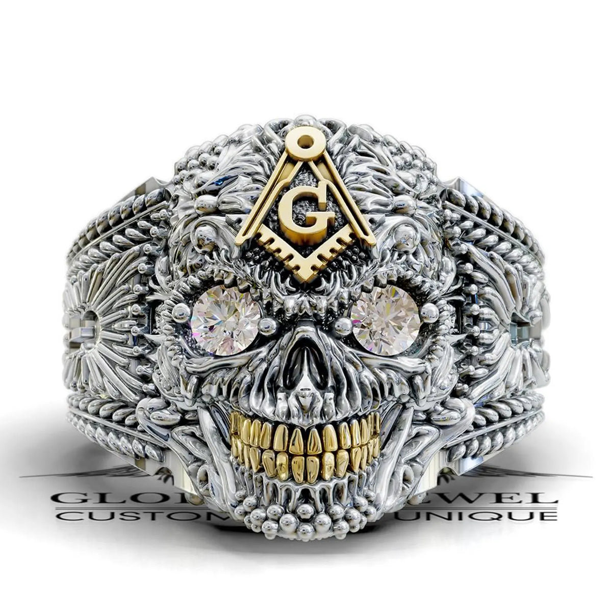 Master Mason Blue Lodge Ring - Skull With Stones S & C - Bricks Masons