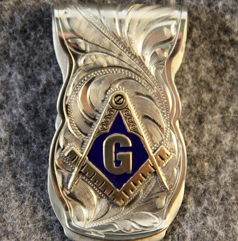Master Mason Blue Lodge Money Clip - Nickel Gold Tones & Blue Square & Compass G - Bricks Masons
