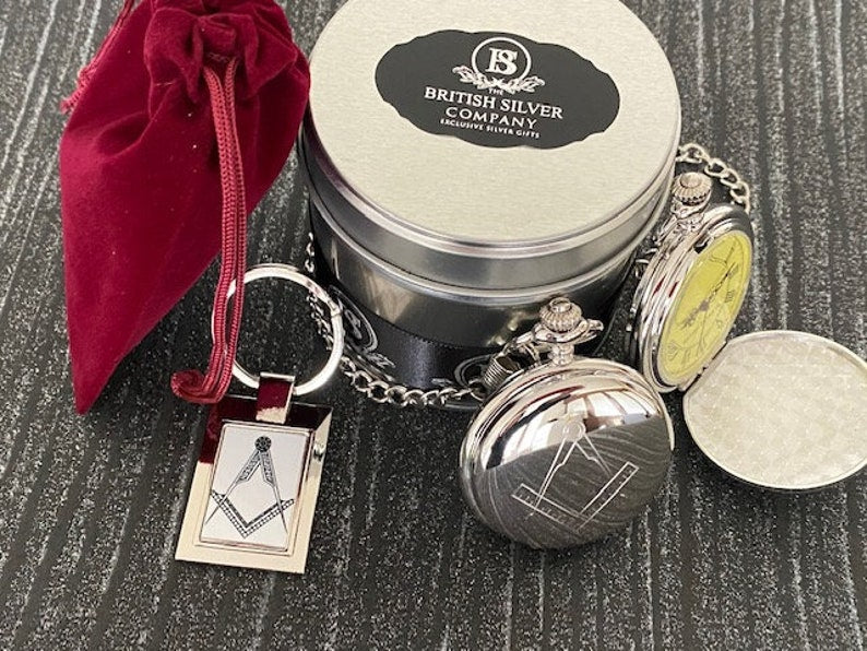 Master Mason Blue Lodge Pocket Watch - Keyring Luxury Gift Set Case - Bricks Masons