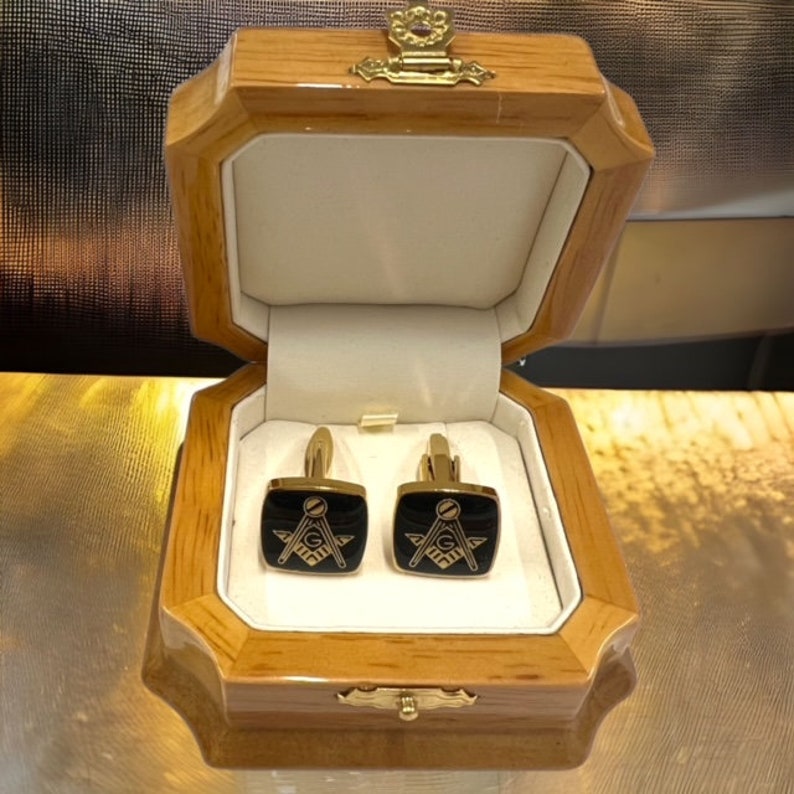 Master Mason Blue Lodge Cufflinks - 24k Gold Clad Luxury Wooden Gift Case - Bricks Masons