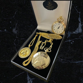 Master Mason Blue Lodge Pocket Watch - 24k Gold Clad 3 Piece Set Engraved - Bricks Masons