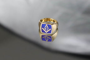Master Mason Blue Lodge Ring - Solid Gold With Blue Enamel - Bricks Masons