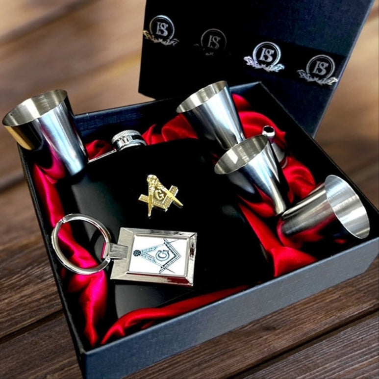 Master Mason Blue Lodge Flask - 7 Piece Luxury Gift Set with Gold Emblem