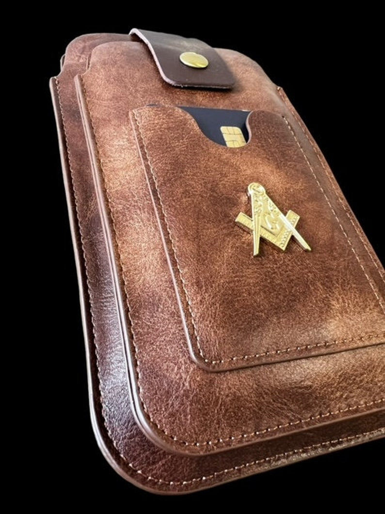 Master Mason Blue Lodge Phone Case - Leather Brown Luxury Belt Loop Card Holder