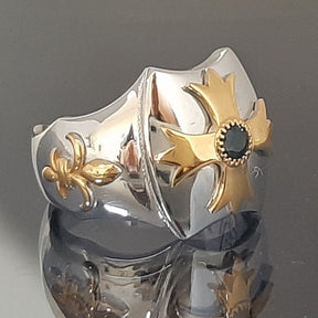 Order Of Malta Ring - Blackened Sterling Silver Blue-Green Sapphire - Bricks Masons