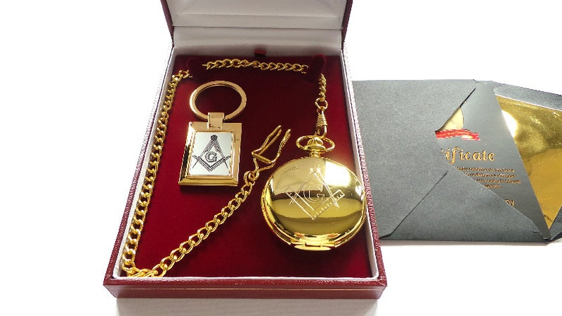 Master Mason Blue Lodge Pocket Watch - 24k Gold Plated Quality Keychain With PW Luxury Gift Case - Bricks Masons