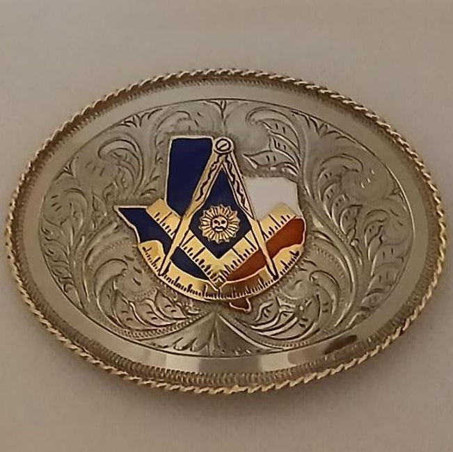 Past Master Blue Lodge Belt Buckle - Hand Engraved Red, White & Blue Texas State - Bricks Masons
