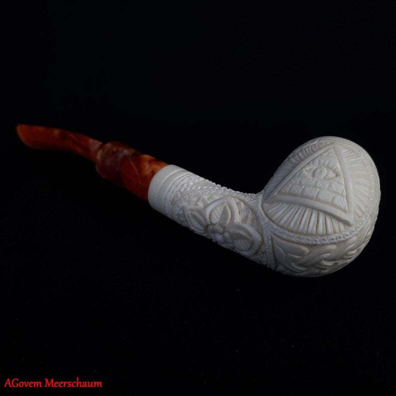 Master Mason Blue Lodge Meerschaum Pipe - Natural Bee wax Square & Compass G - Bricks Masons