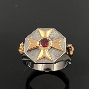 Order Of Malta Ring - Blackened Sterling Silver Garnet & Diamond - Bricks Masons