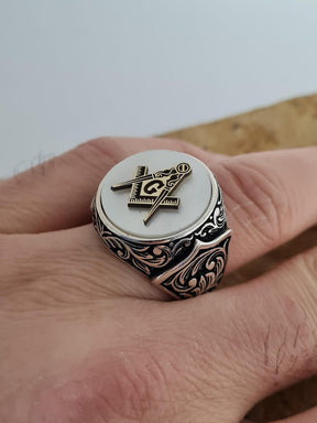 Master Mason Blue Lodge Ring - Handmade Sterling Silver Mother of Pearl - Bricks Masons