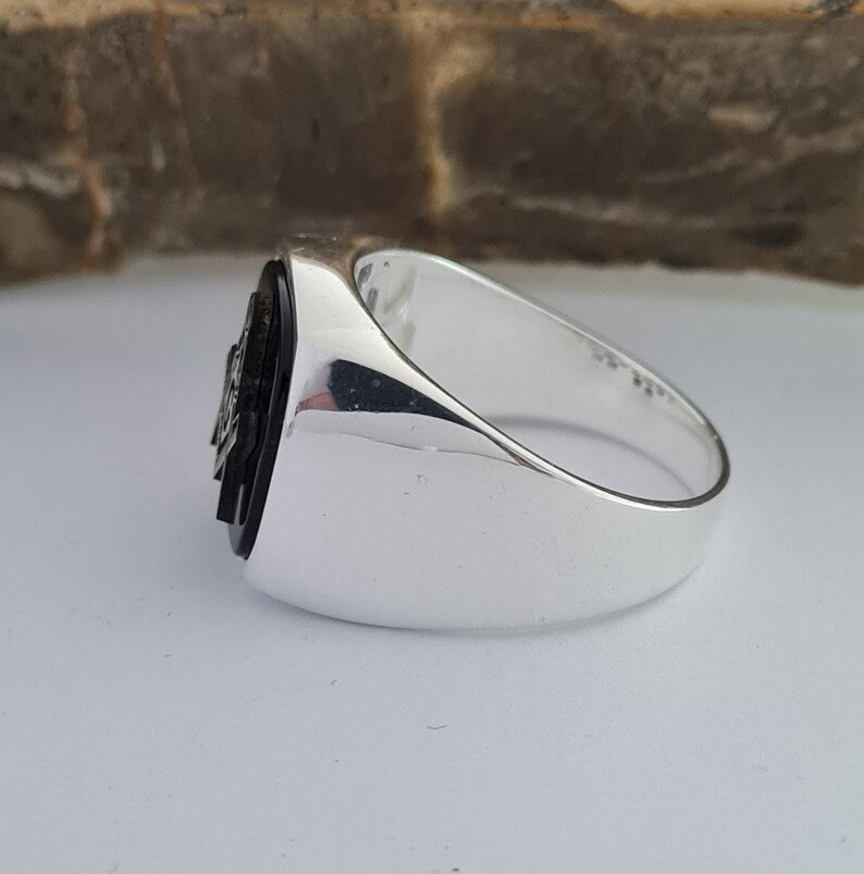 Master Mason Blue Lodge Ring - Handmade Sterling Silver Onyx - Bricks Masons